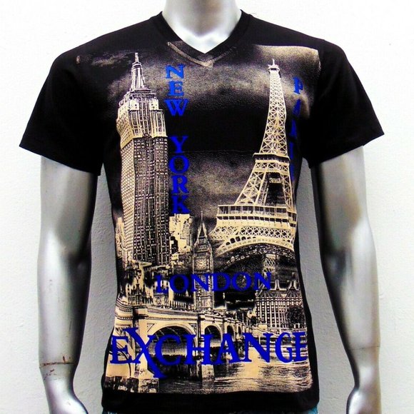 NWT EXCHANGE NEW YORK PARIS LONDON MENS BLACK V-NECK SHORT SLEEVE T-SHIRT SIZE S - Picture 2 of 4
